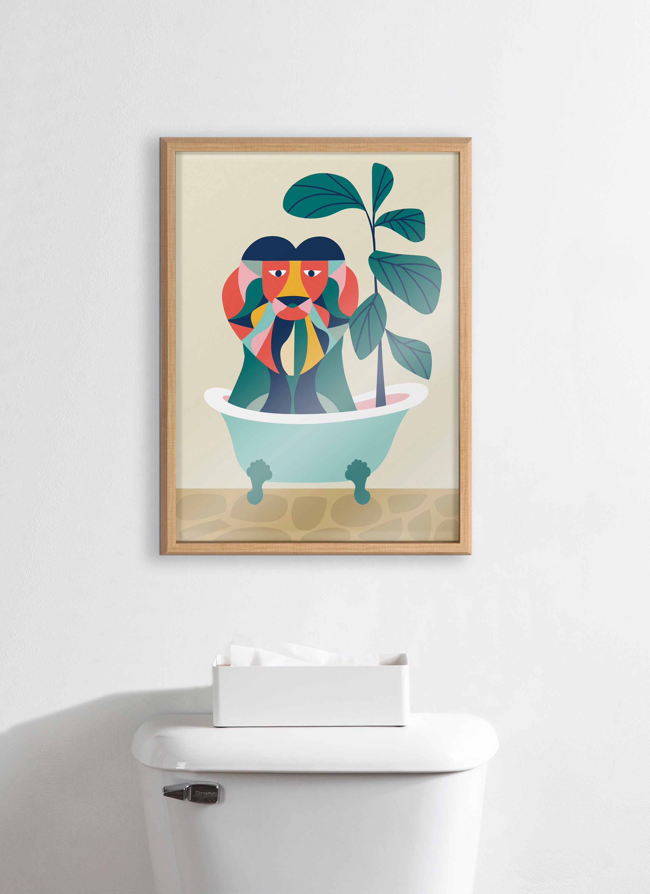 Blake Mid Century Modern Lion in Bathtub Framed Printed Glass