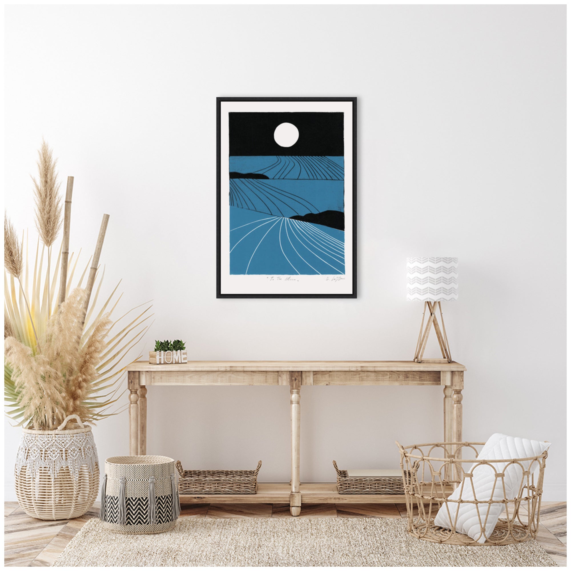 Sylvie Folk To The Moon Linocut Framed Canvas by Giuliana Lazzerini