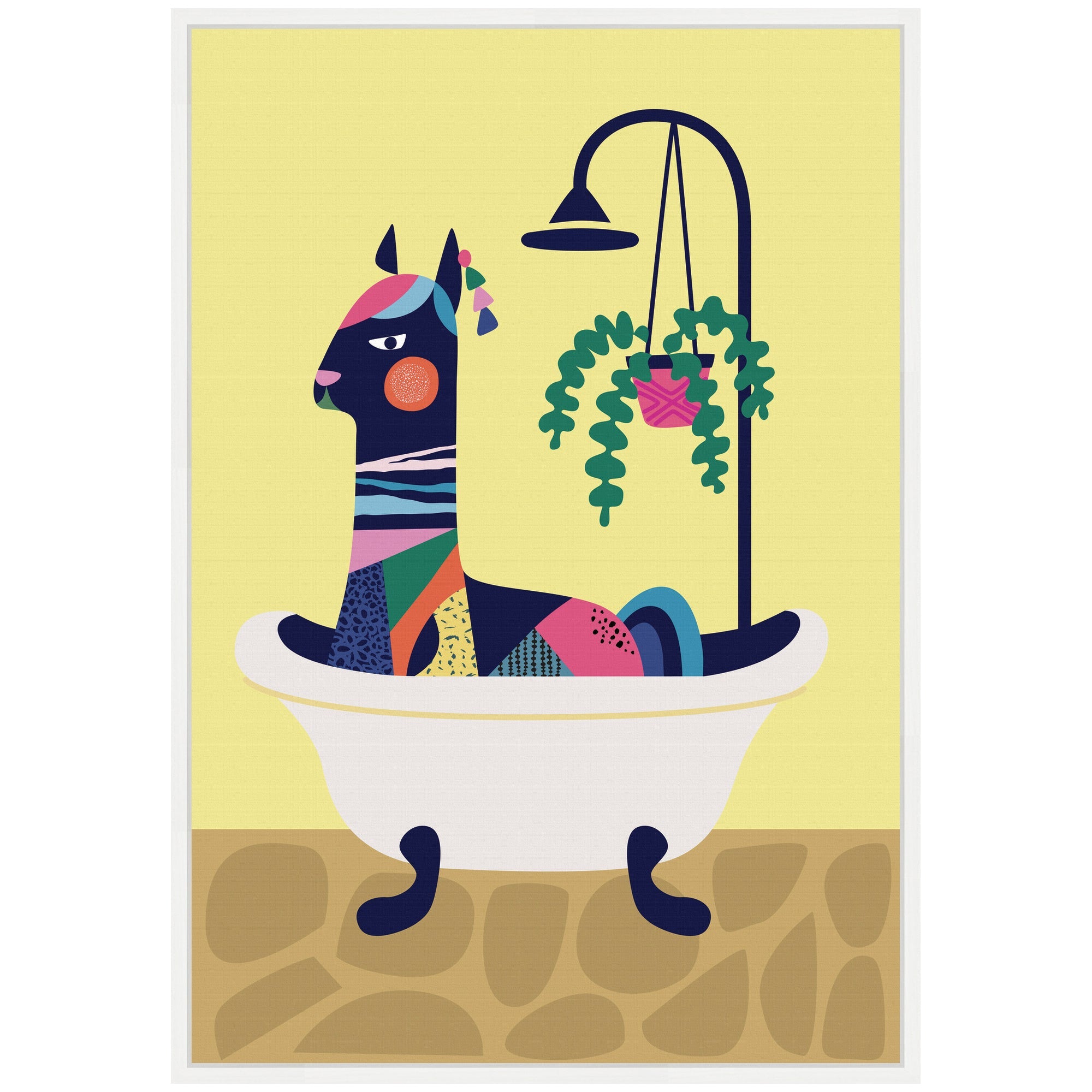Sylvie Modern Yellow Llama in Bathtub Framed Canvas by Rachel Lee