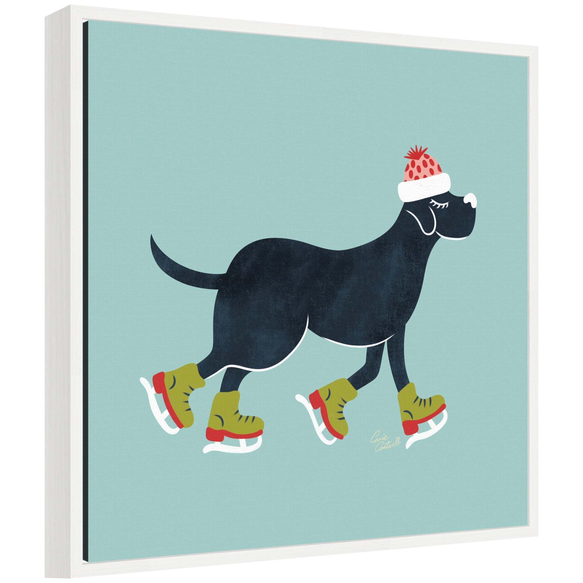Framed canvas art of black Labrador retriever ice skating wearing green skates and a red winter hat on light teal background