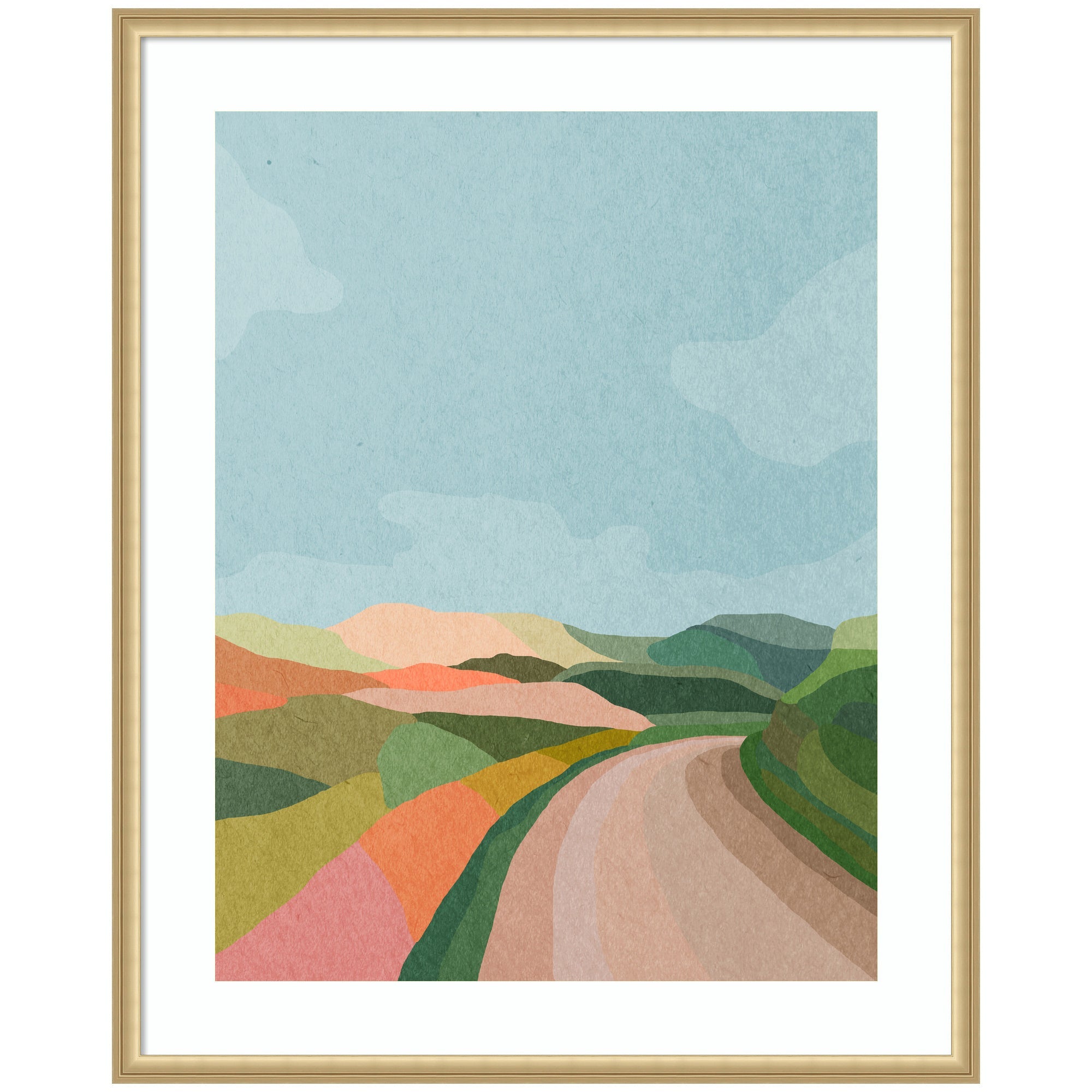 Framed abstract landscape art with rolling pastel hills and winding road by July Art Prints