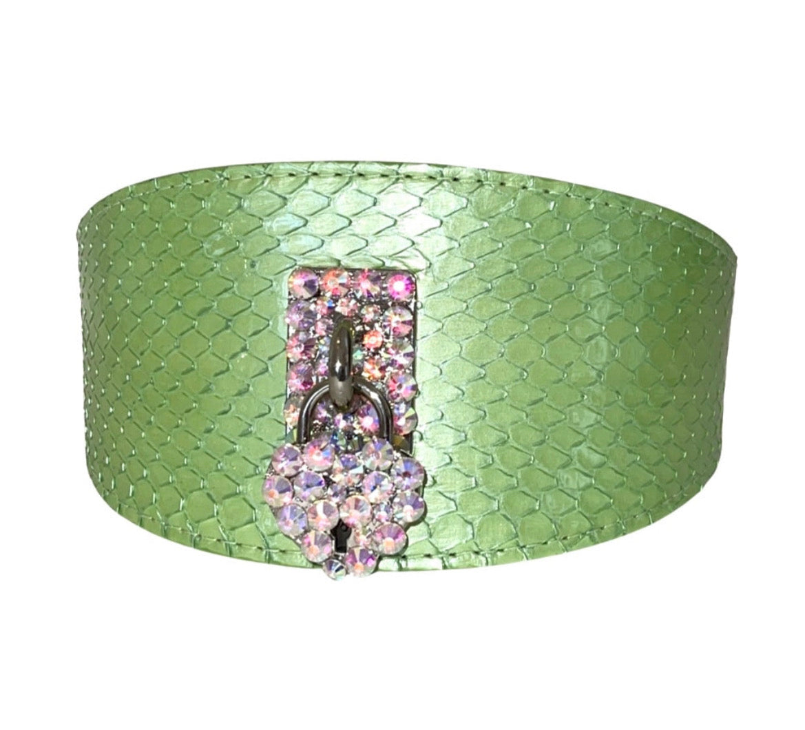 Pearl Green Snake wide style collar featuring a custom Swarovski Crystal Heart Locket from Allysa Payne Beverly Hills