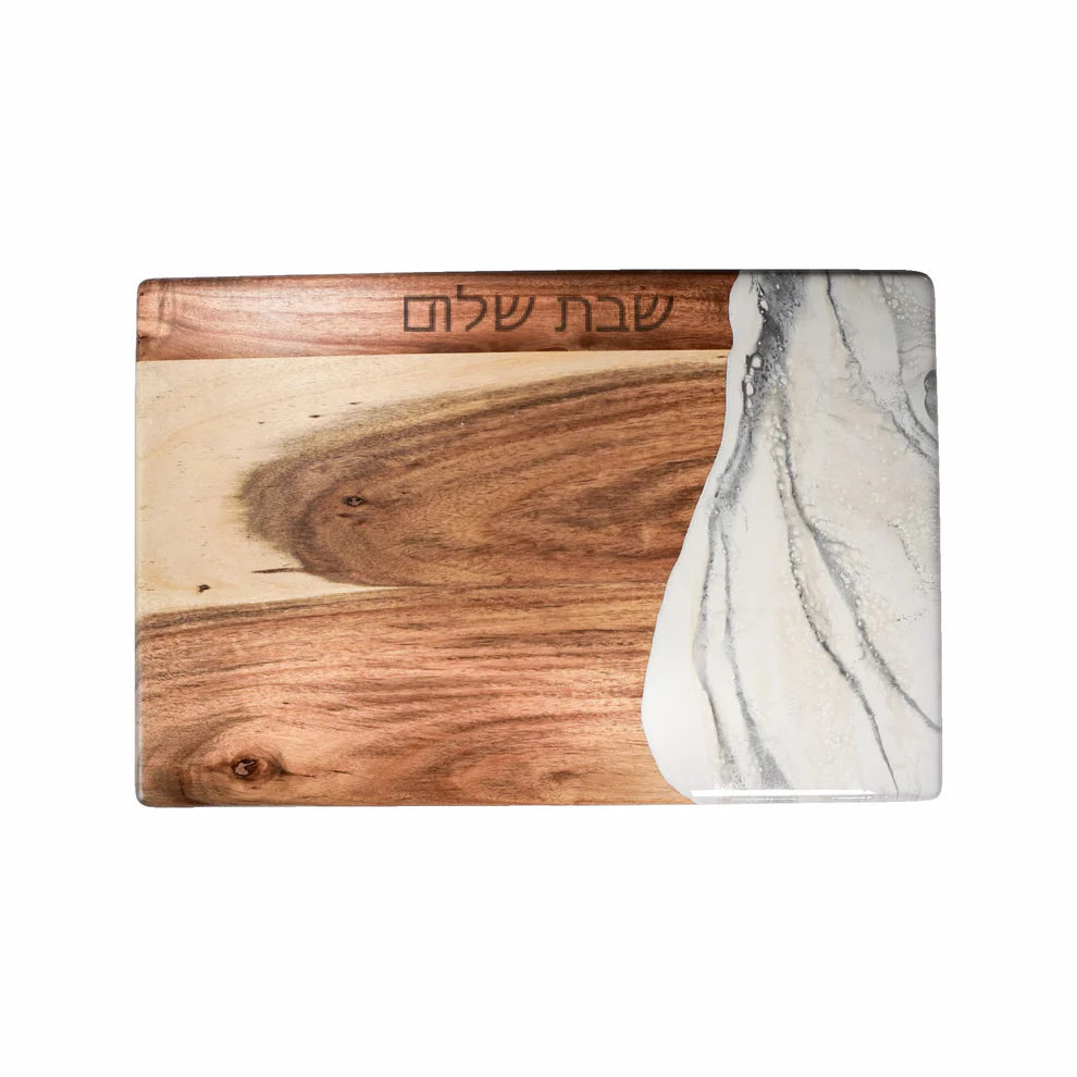 Wooden resin charcuterie board with marble design on a white background