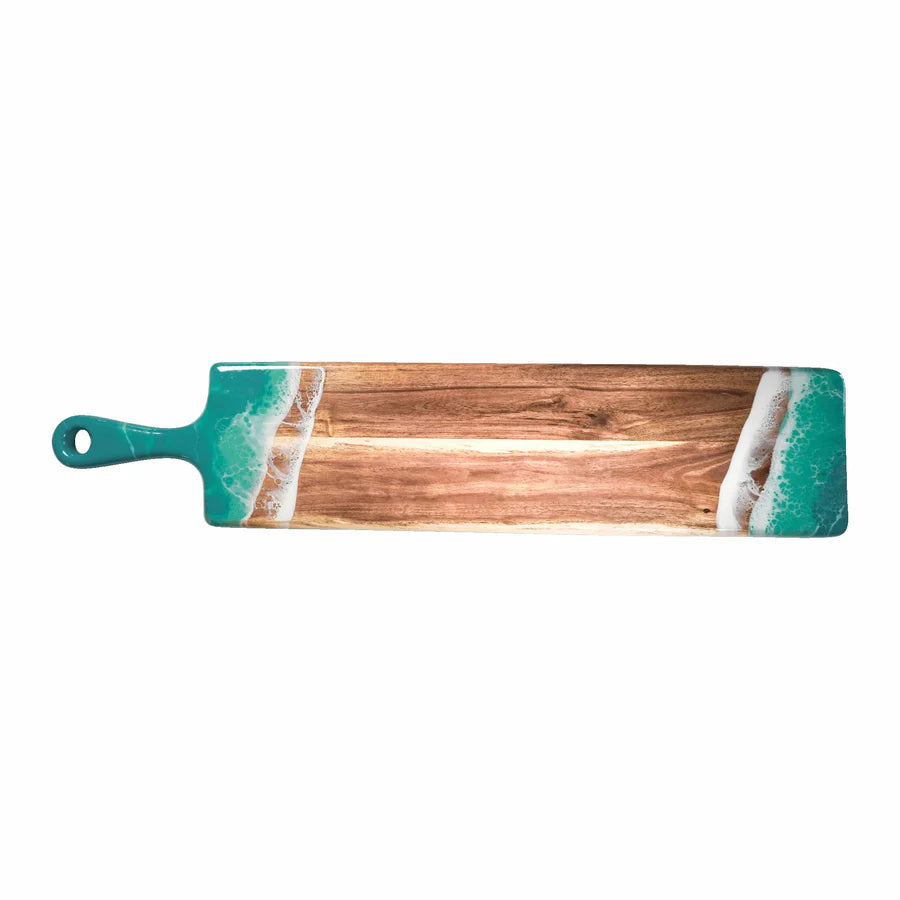 Wooden baguette resin serving tray with teal and white handles on a white background