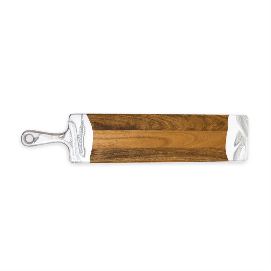 Wooden baguette resin serving tray with metal handles on a white background