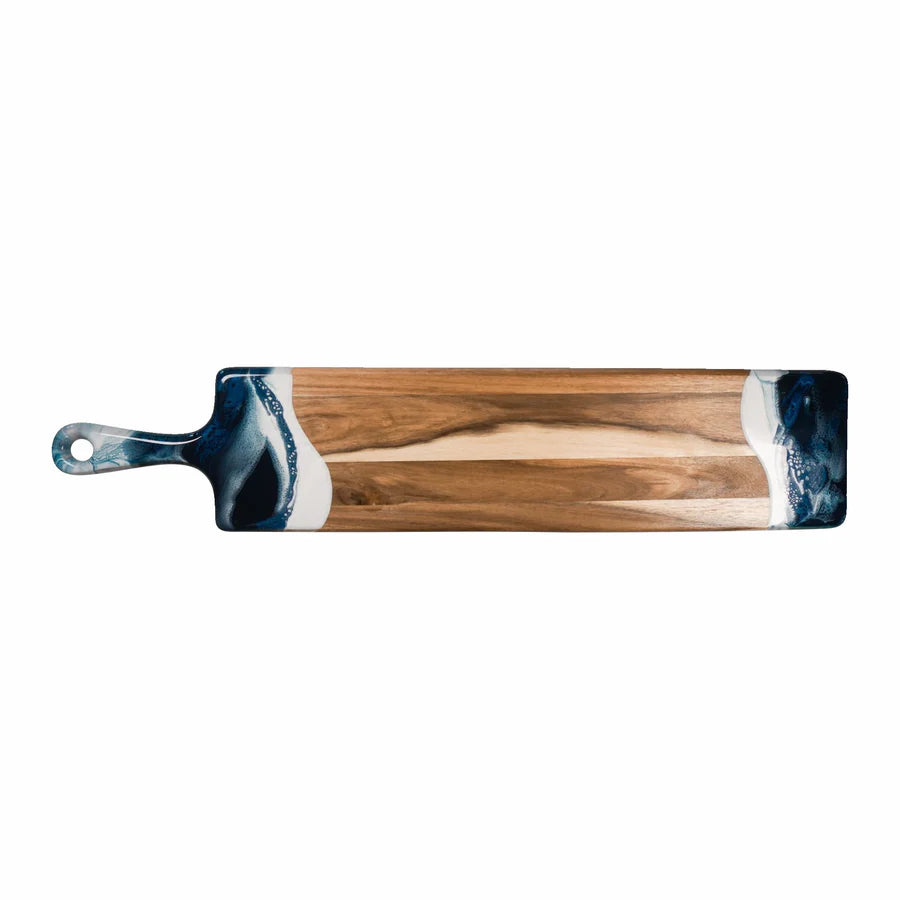 Wooden baguette resin serving tray with blue and white decorative edges on a white background