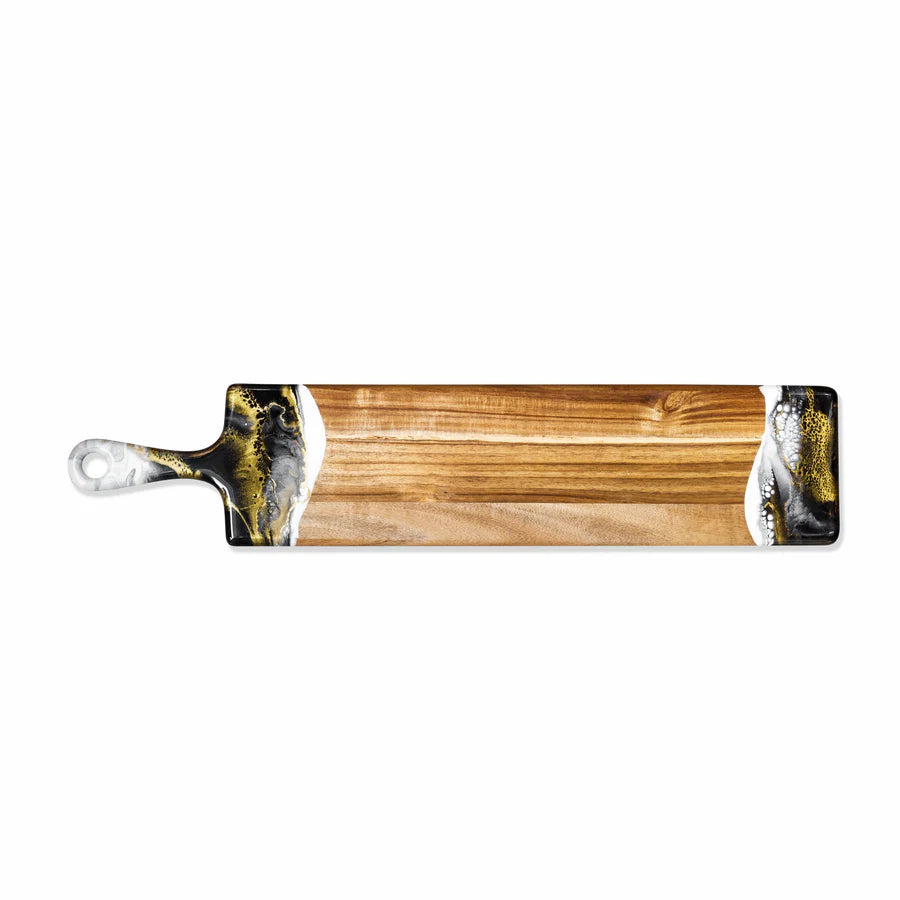 Wooden baguette resin serving tray with black and gold design on a white background