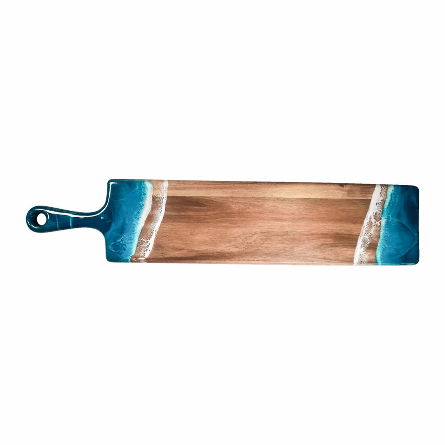 Wooden baguette resin serving tray with blue and white resin design on a white background