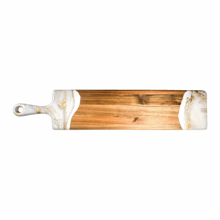Wooden baguette resin serving tray with decorative handles on a white background