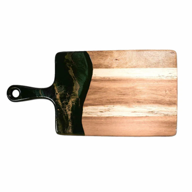 Wooden resin charcuterie board with a black handle on a white background