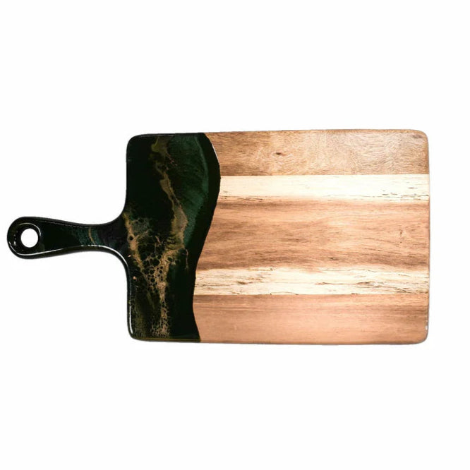 Wooden resin charcuterie board with a black handle on a white background