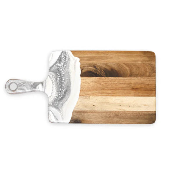 Wooden resin charcuterie board with a silver cheese knife on a white background
