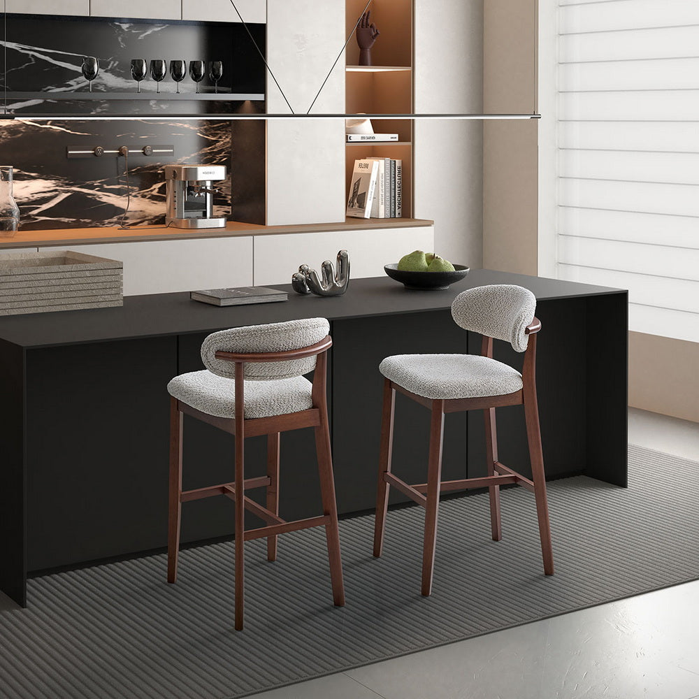 Pair of ACTU Bar Stools with cherry wood tapered legs and beige upholstered seats in mid-century modern style