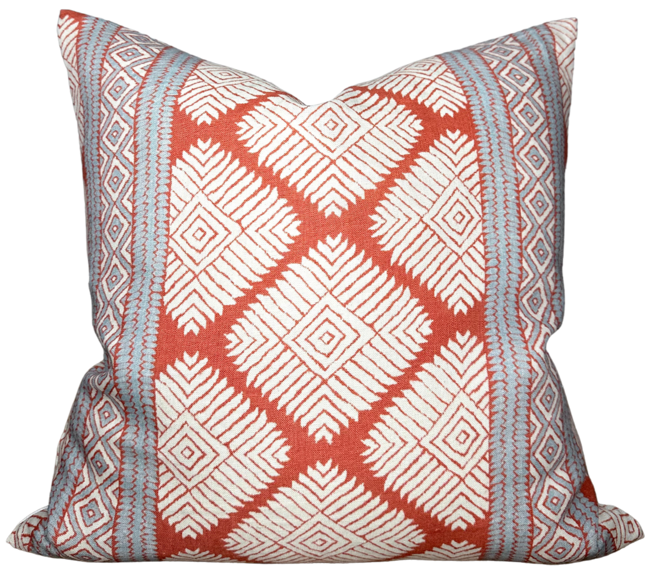 Austin Pillow Cover in Coral showing coral print front and ivory linen back