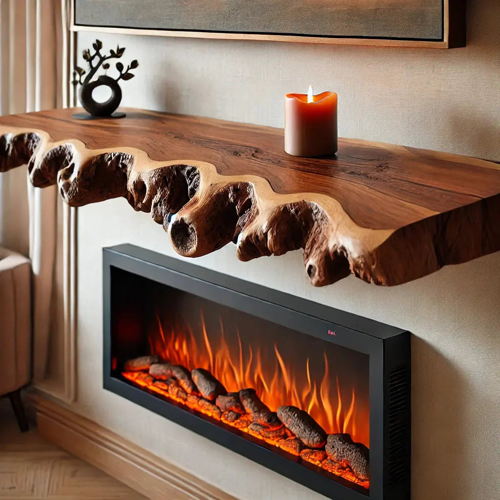Custom live edge walnut wood mantel shelf above modern fireplace showcasing natural wood grain and handcrafted detail
