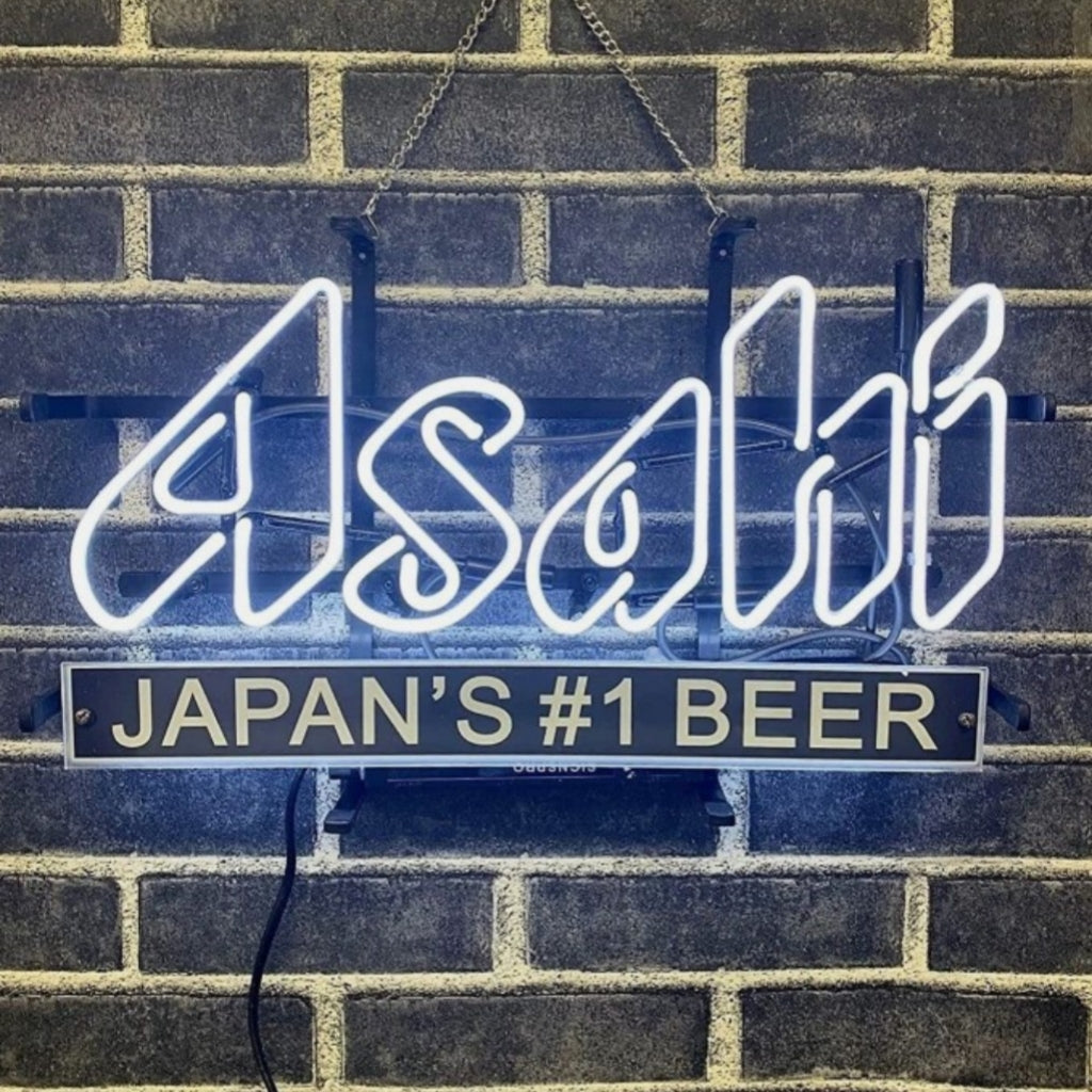 Japan's #1 Beer Asahi Real Neon Sign Light showing bright red and white neon tubes on a square backing