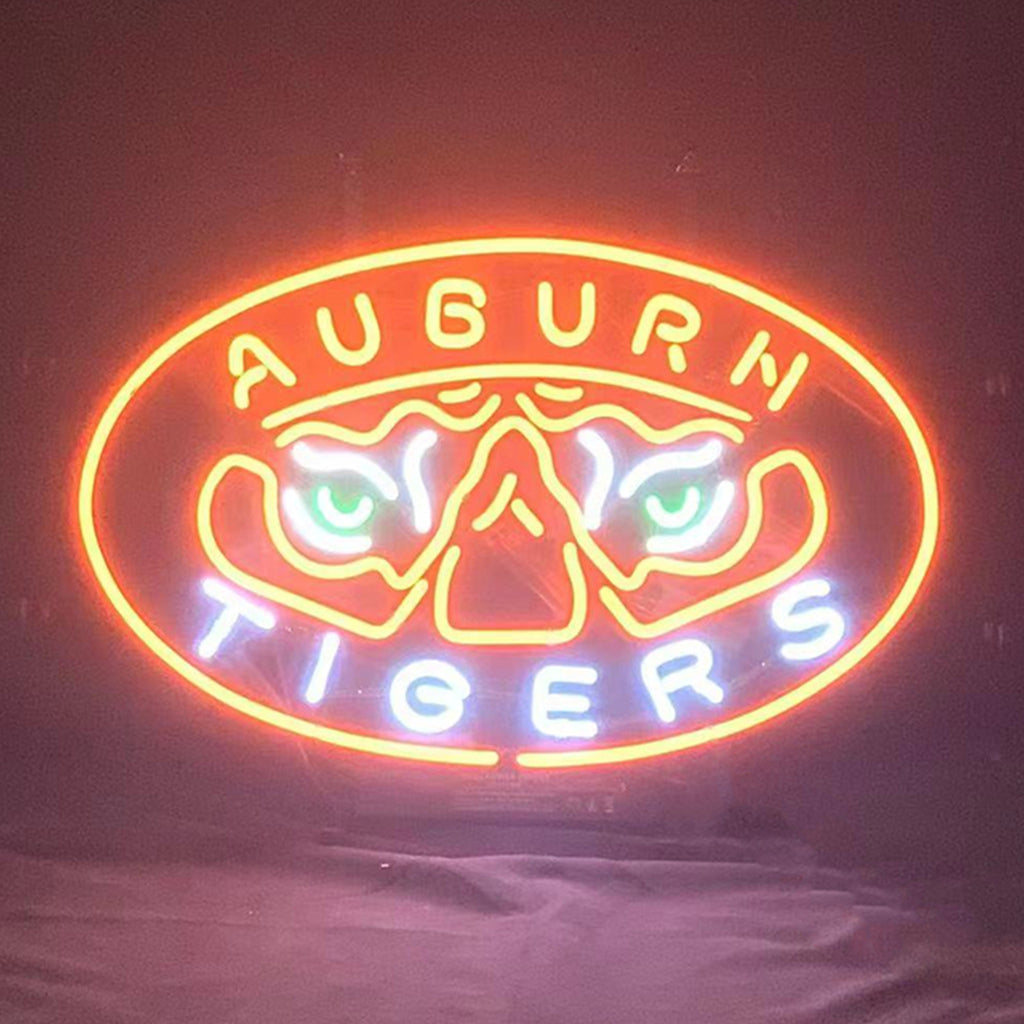 Auburn Tigers Sport Logo Neon Sign Light glowing on a metal grid backing