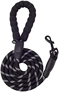 6 FT black nylon dog leash with padded handles and reflective strips