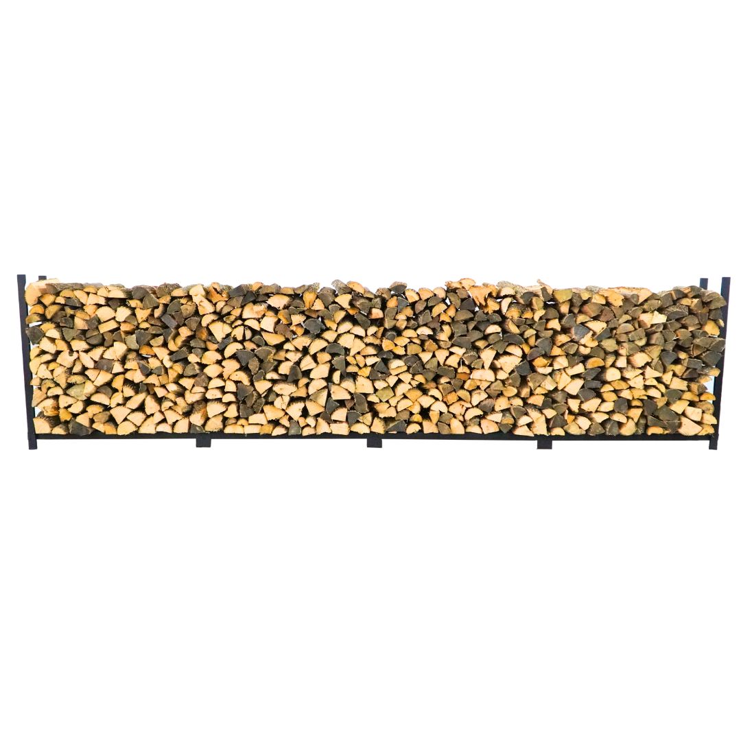 Woodhaven 16 ft Firewood Rack holding stacked firewood outdoors