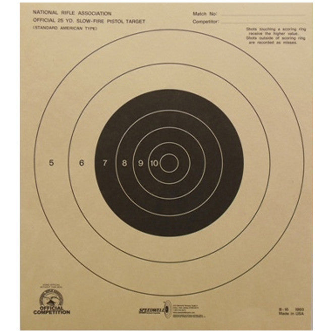 B-16 official NRA 25 Yard Slow Fire shooting target on tag board