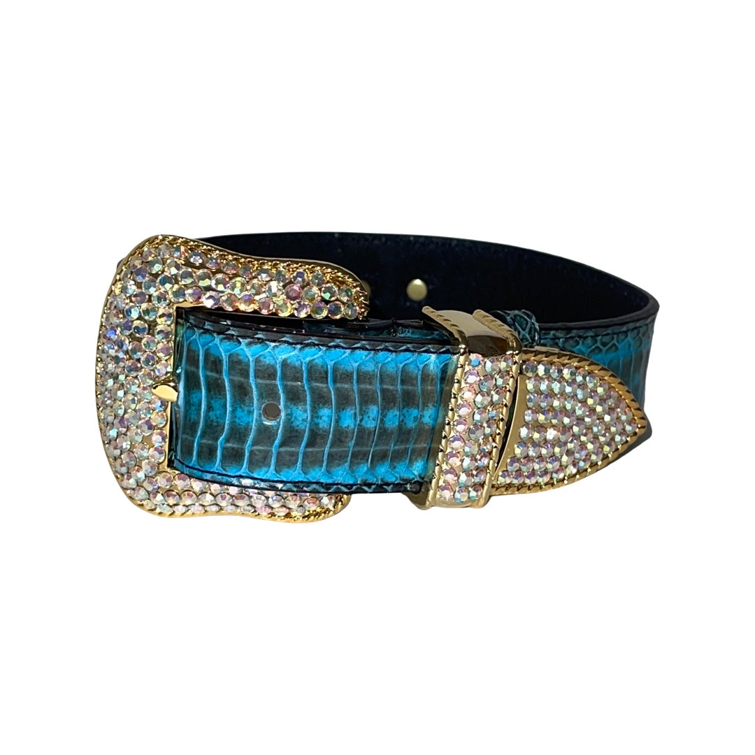 Turquoise and black snake-patterned collar with Swarovski crystal hardware and Italian leather lining