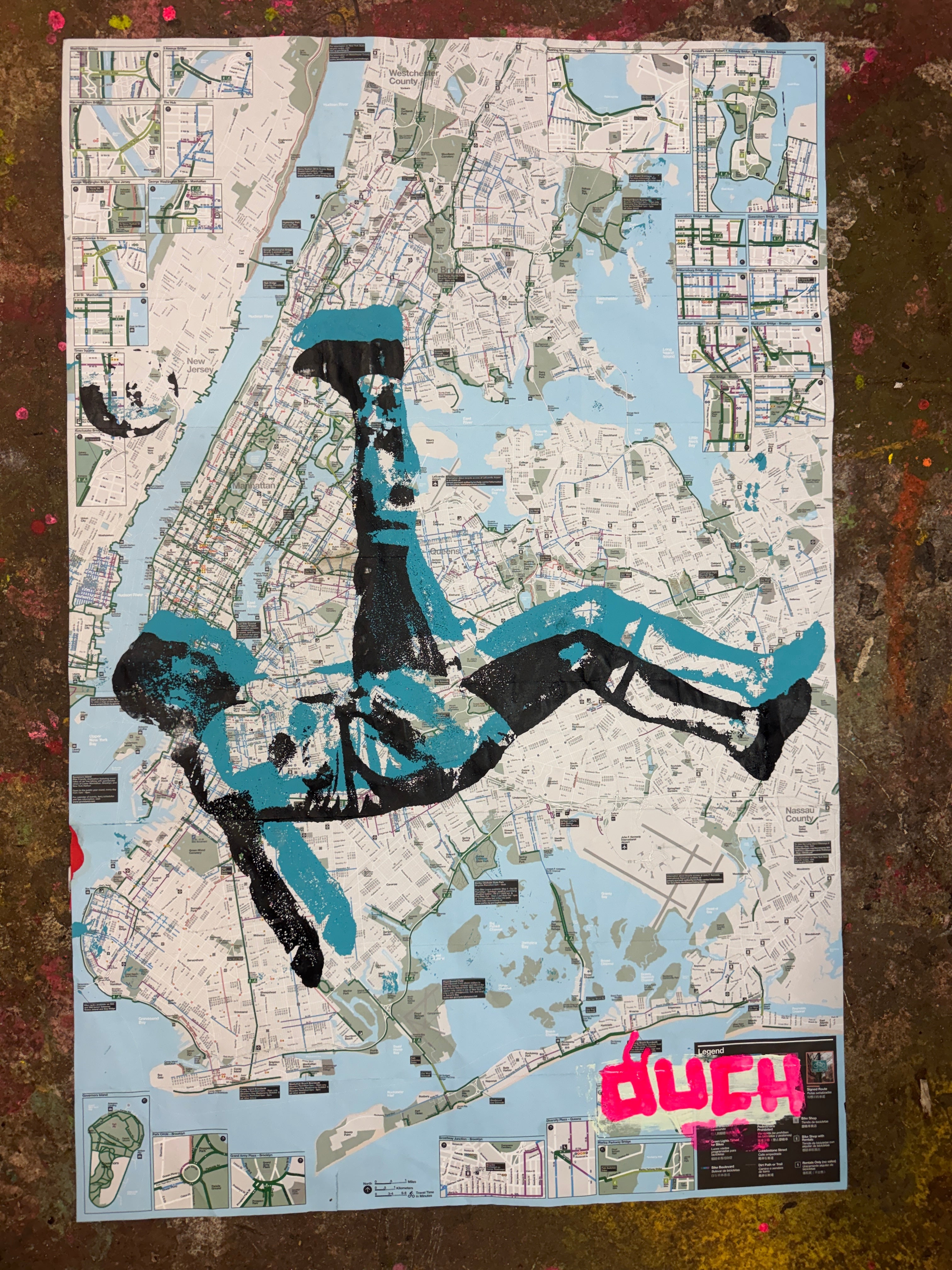 Pele - Bicycle Kick artwork by Denis OUCH showing a black over blue silk screen on NYC bike map.