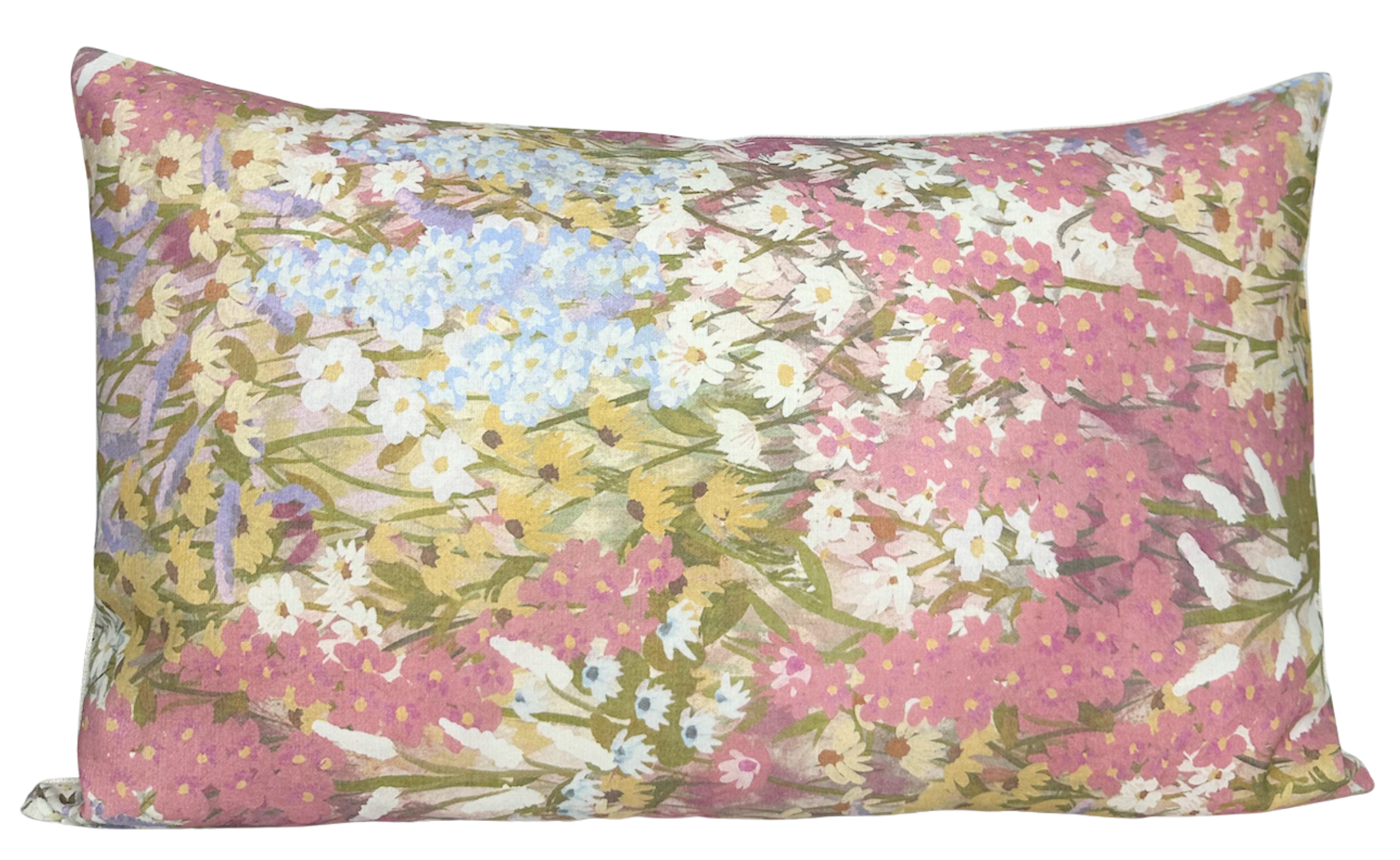 Fleur Pillow Cover in Pink displaying fleur printed front and ivory linen back