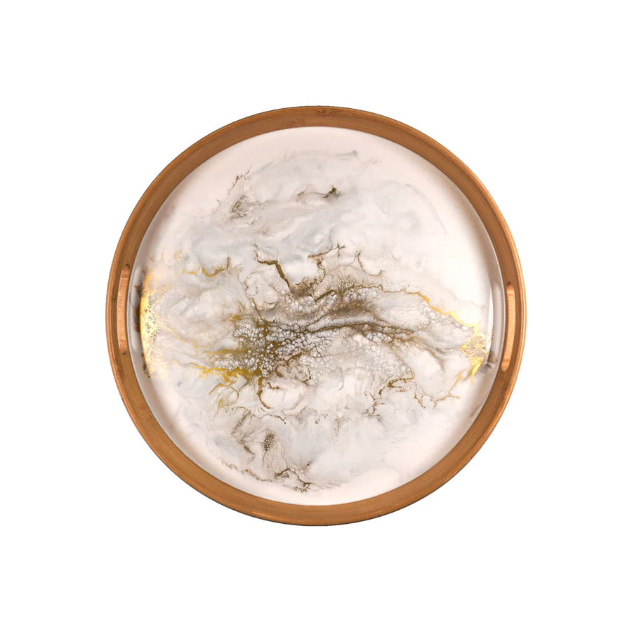 Round decorative resin serving tray with marble-like design and wooden frame on a white background