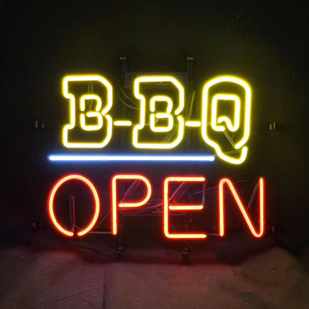 BBQ Open Neon Light Sign glowing in warm yellow with metal grid backing and hanging chain visible