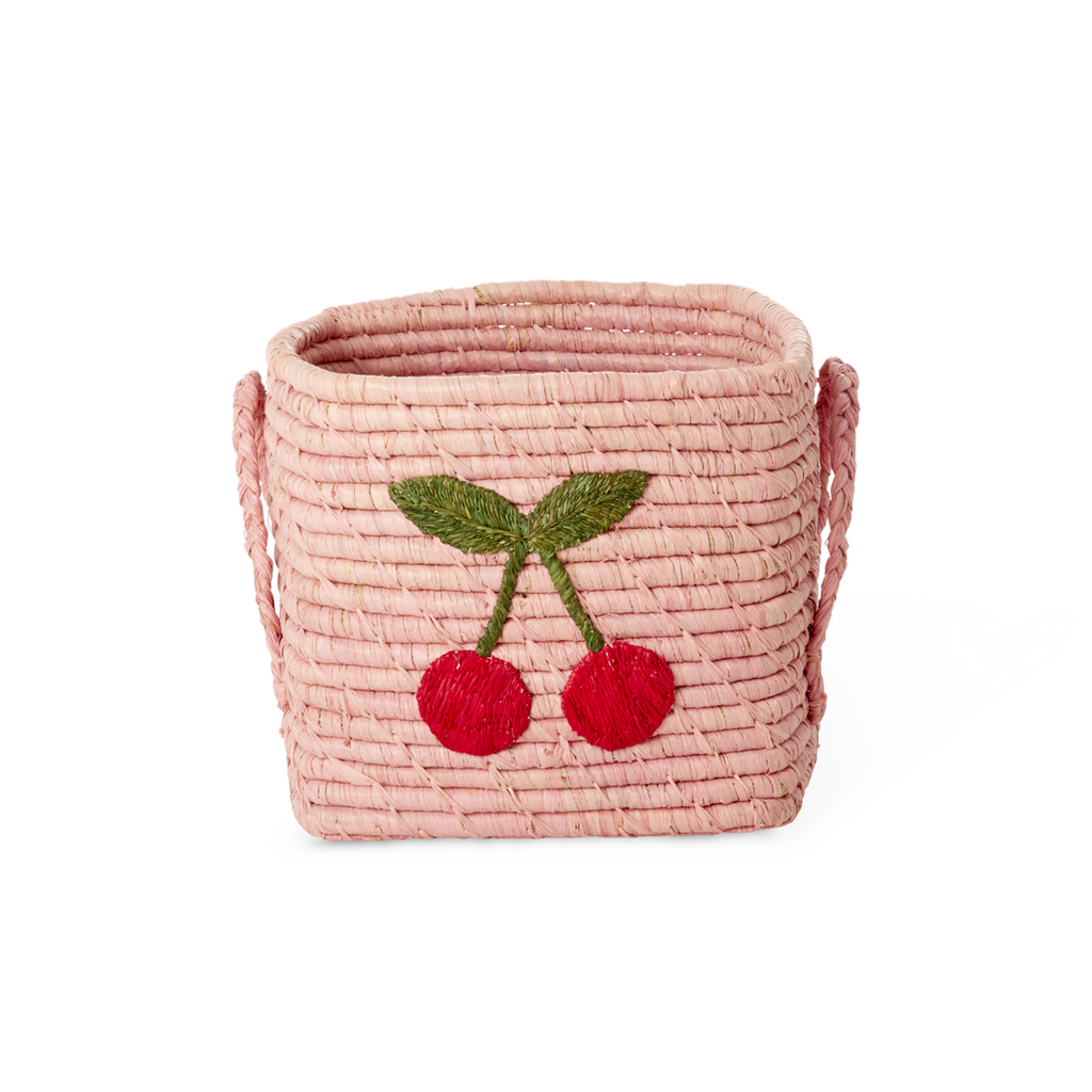 Square pink raffia basket with large cherry design