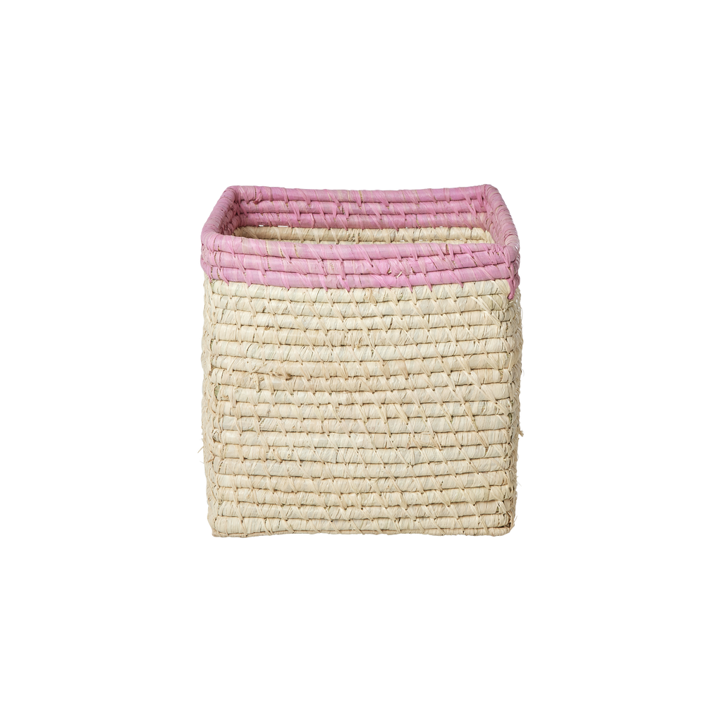 Small square raffia storage basket with a pink top, shown against a white background.