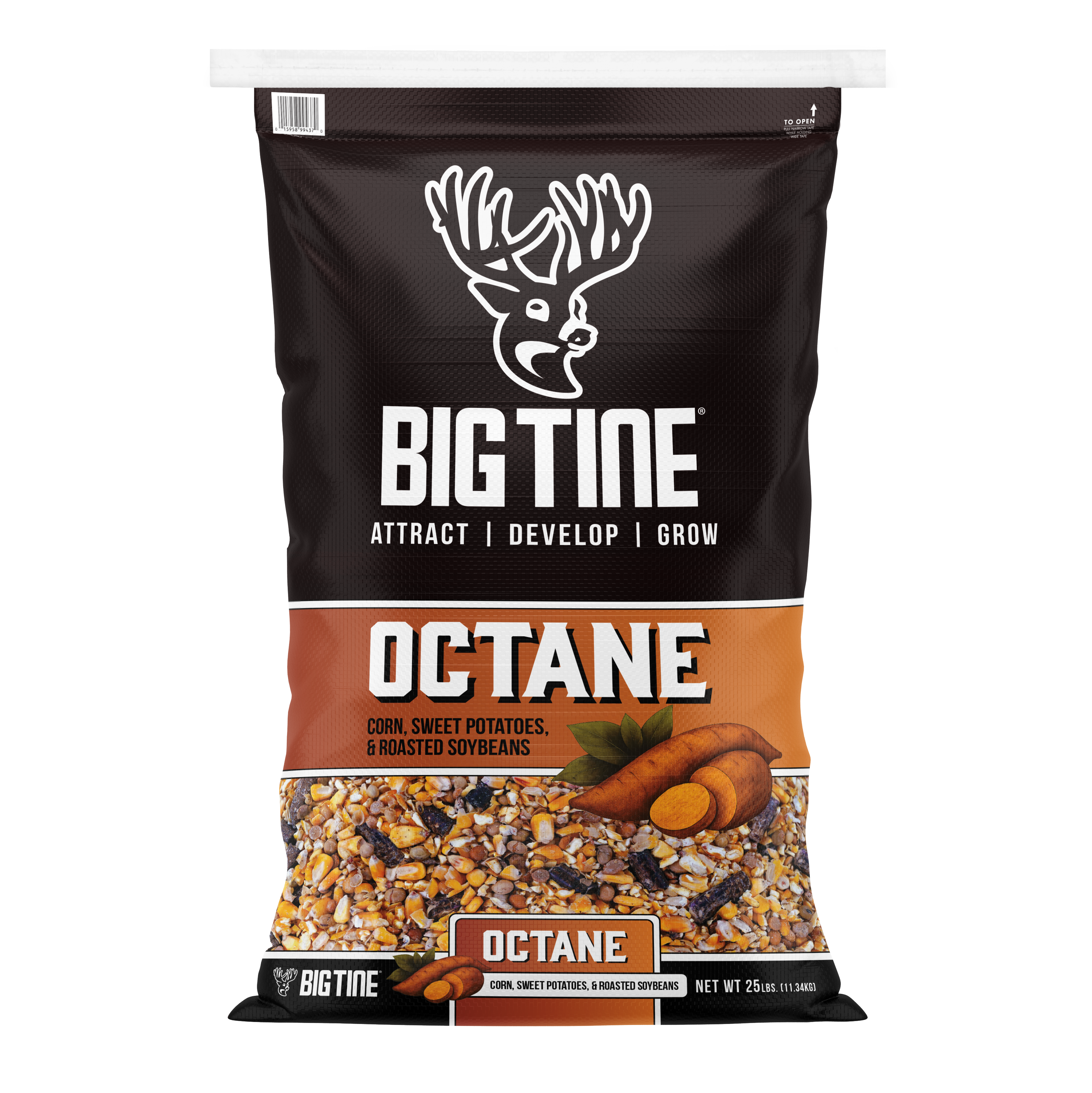 BIG TINE OCTANE 25 lb bag featuring feed ingredients and branding