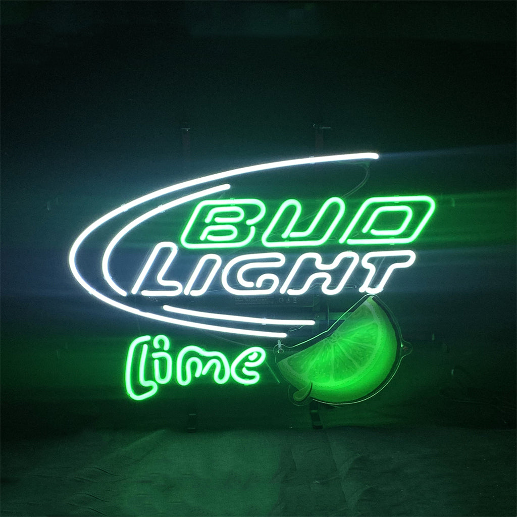 Bud Light Lime Neon Sign Light with glowing green neon tubes on acrylic and metal grid backing