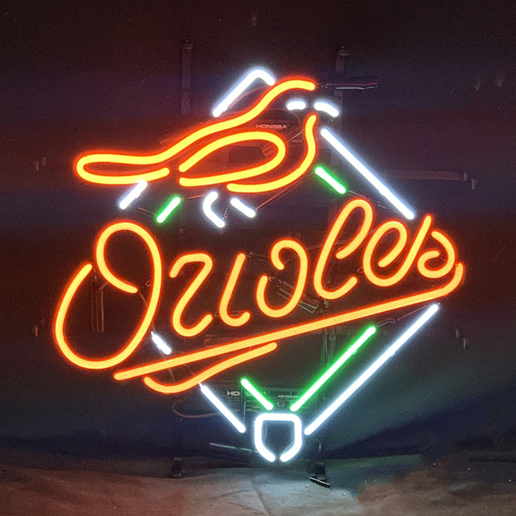 Baltimore Orioles Neon Signs Light glowing in orange and black on metal grid backing