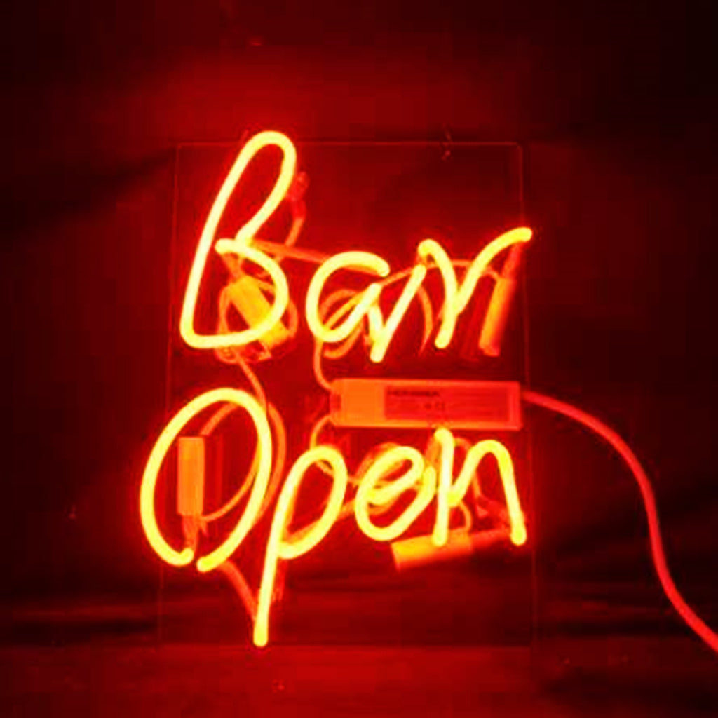 Bar Open Neon Light Sign glowing with bright blue neon light in an indoor setting