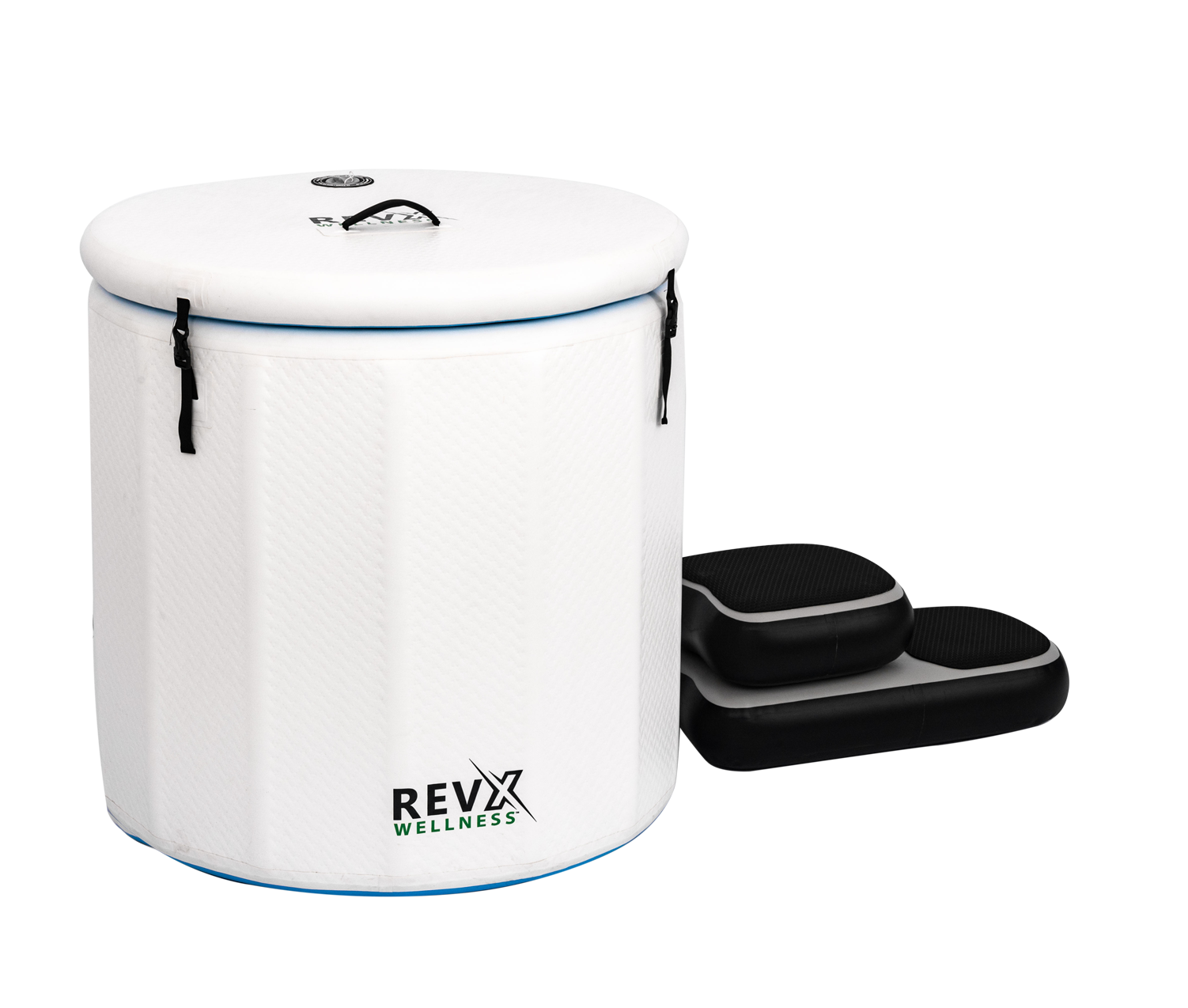RevX Inflatable Barrel with Inflatable Steps shown inflated with steps and protective mat