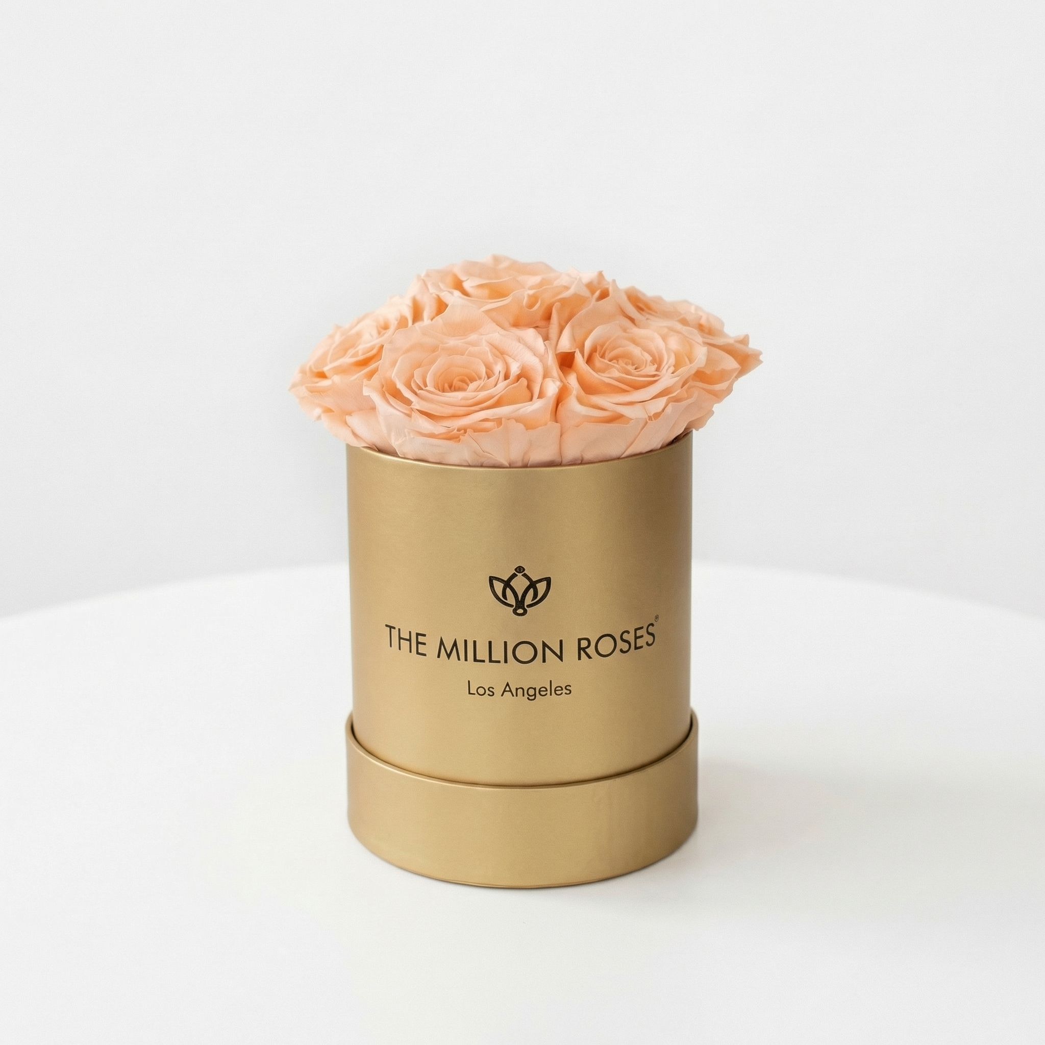 Essence Gold Box Peach Roses showing seven ivory and peach-accented roses in a matte gold box