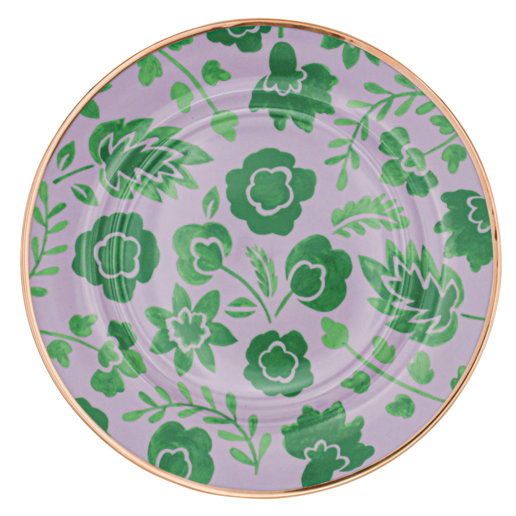 Bernadette Leaf Dinner Plate set showing lavender plates with green bloom and leaf patterns and gold rims