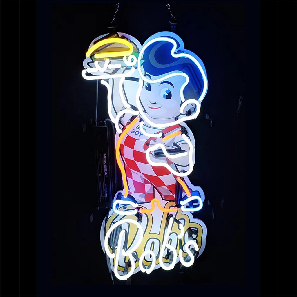 Bob's Big Boy White Neon Sign Light showing illuminated white neon tubes on metal grid backing