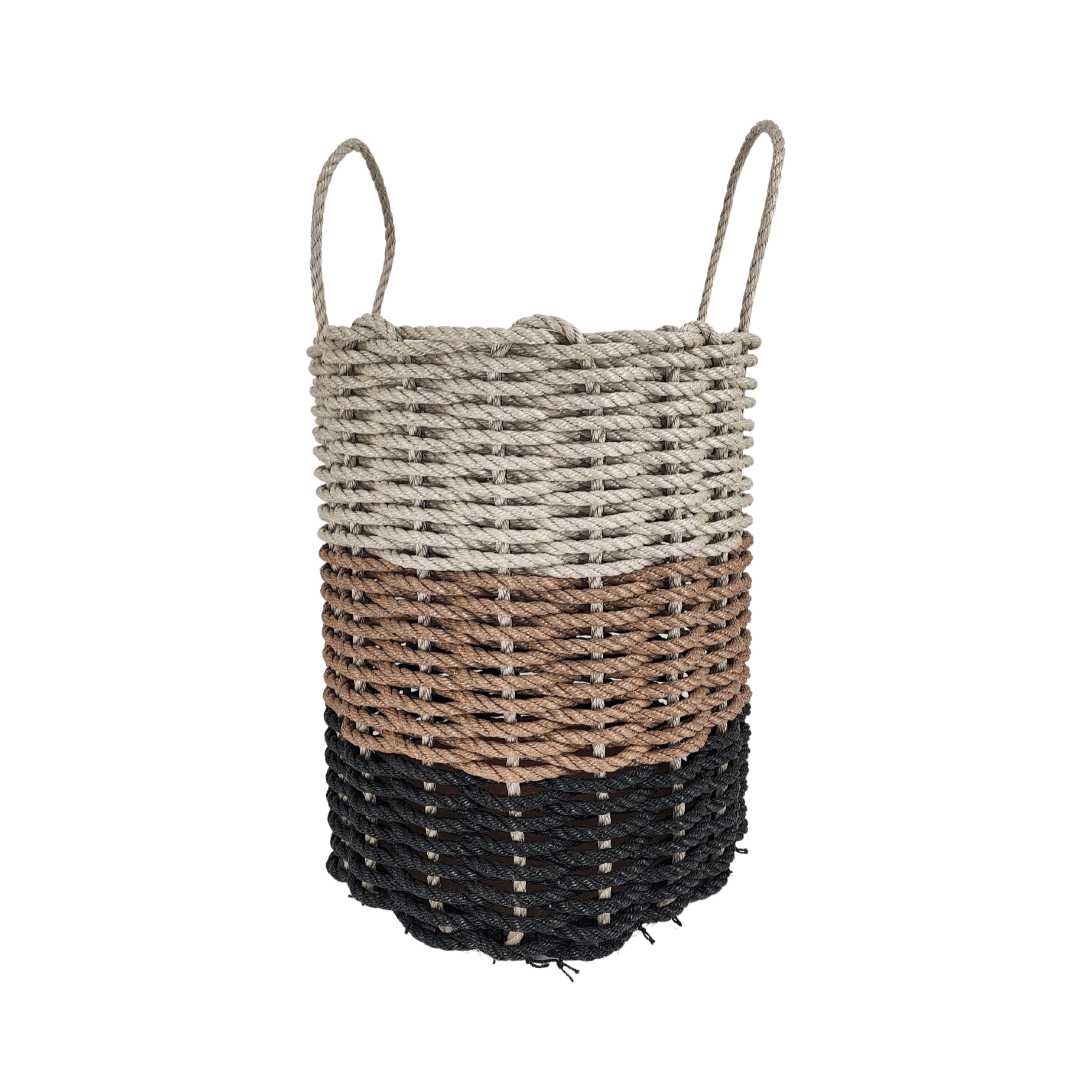 Handwoven storage basket made from black, brown, and tan ombre Maine lobster rope