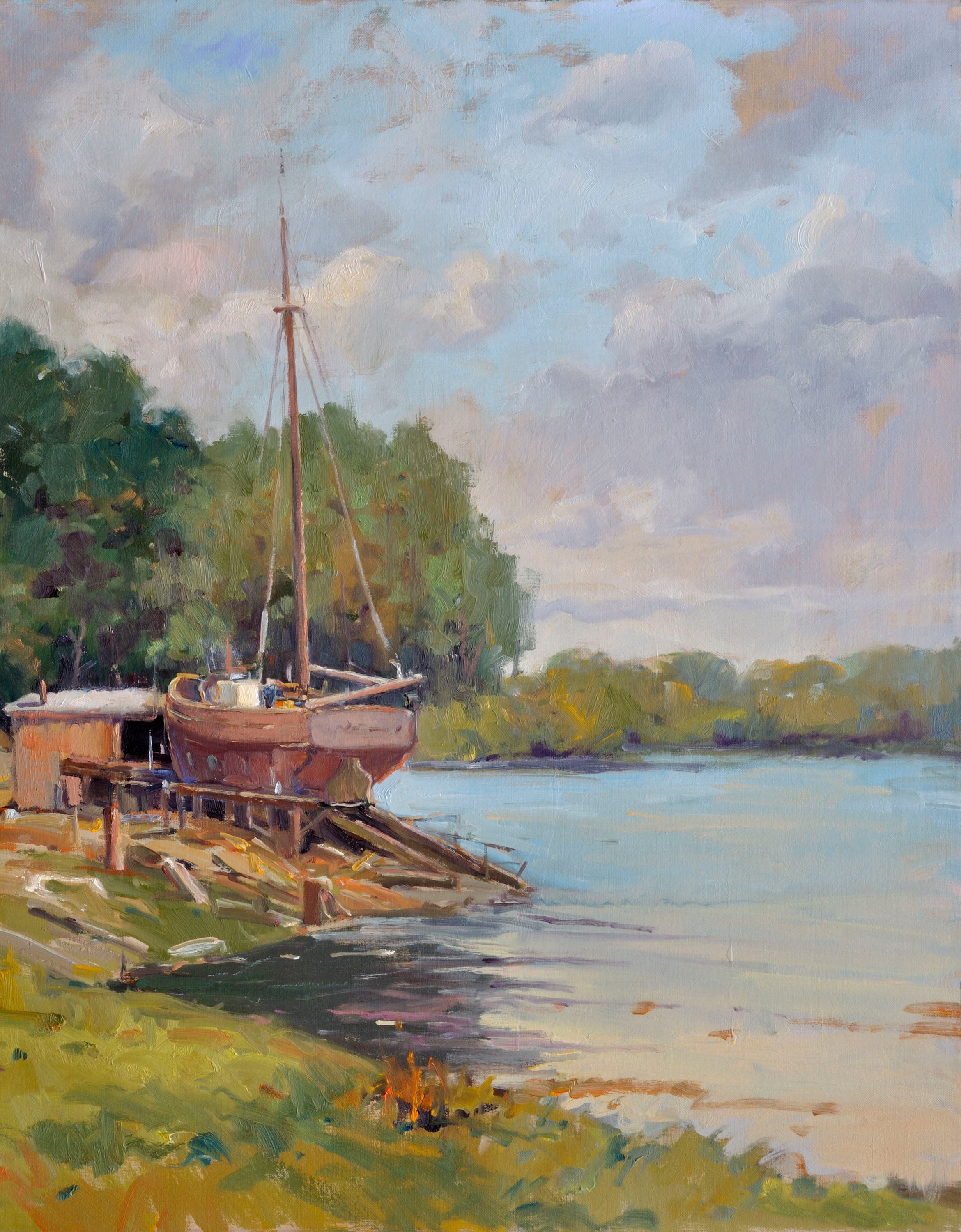 Boat Launch Artist Enhanced Canvas Print by John Beard showing a coastal scene with boats and docks