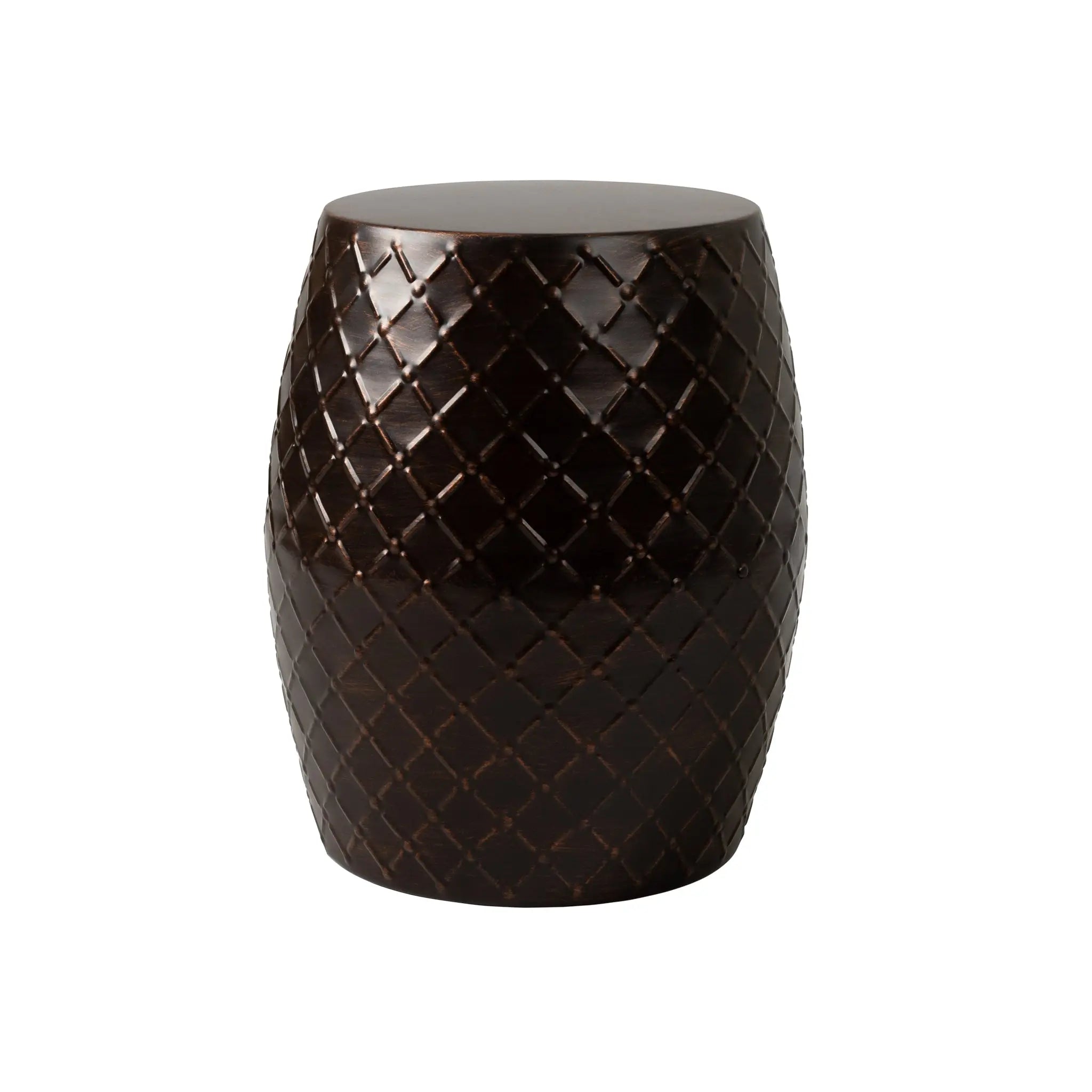 Braga Metal Stool Table Container in Antique Bronze Finish showing glossy deep bronze patina with open interior
