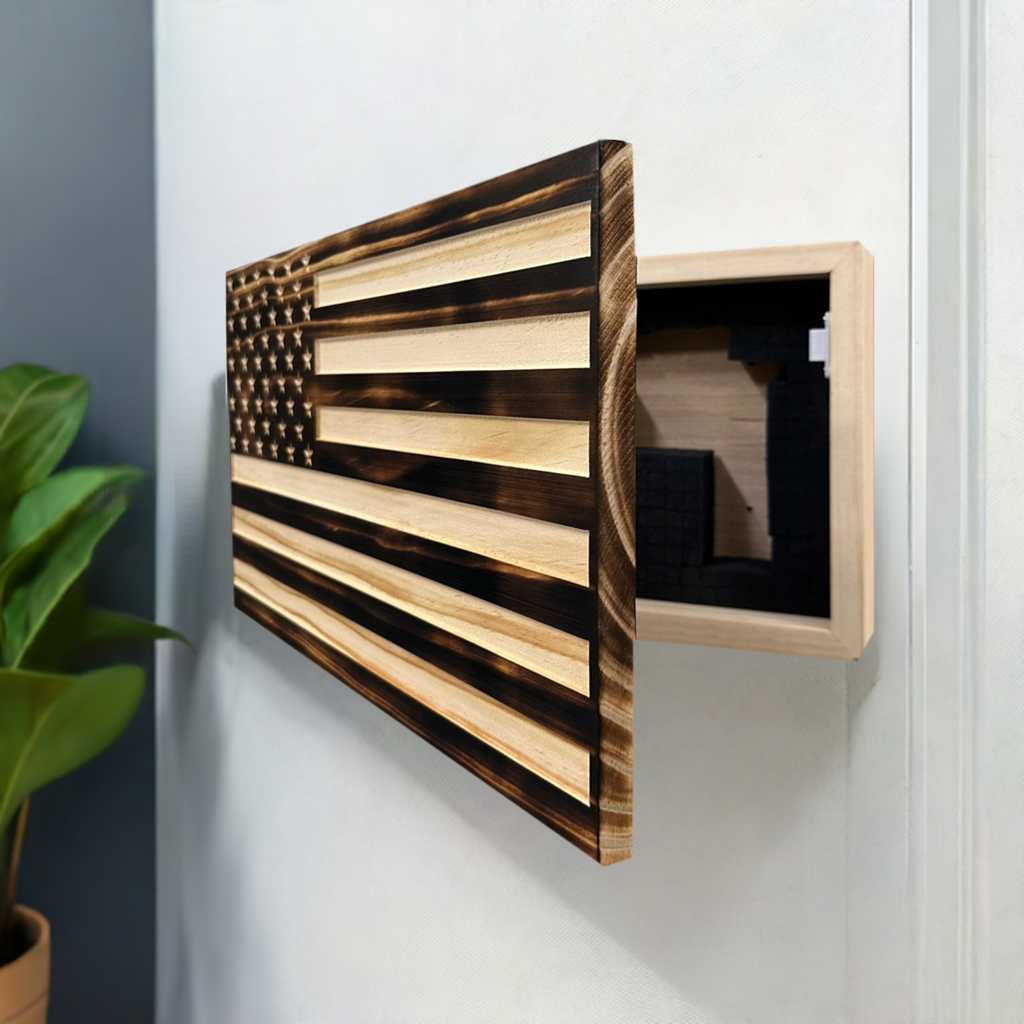Burnt American Flag Hidden Gun Storage Cabinet by Bellewood Designs - product image 2 for Resin Society