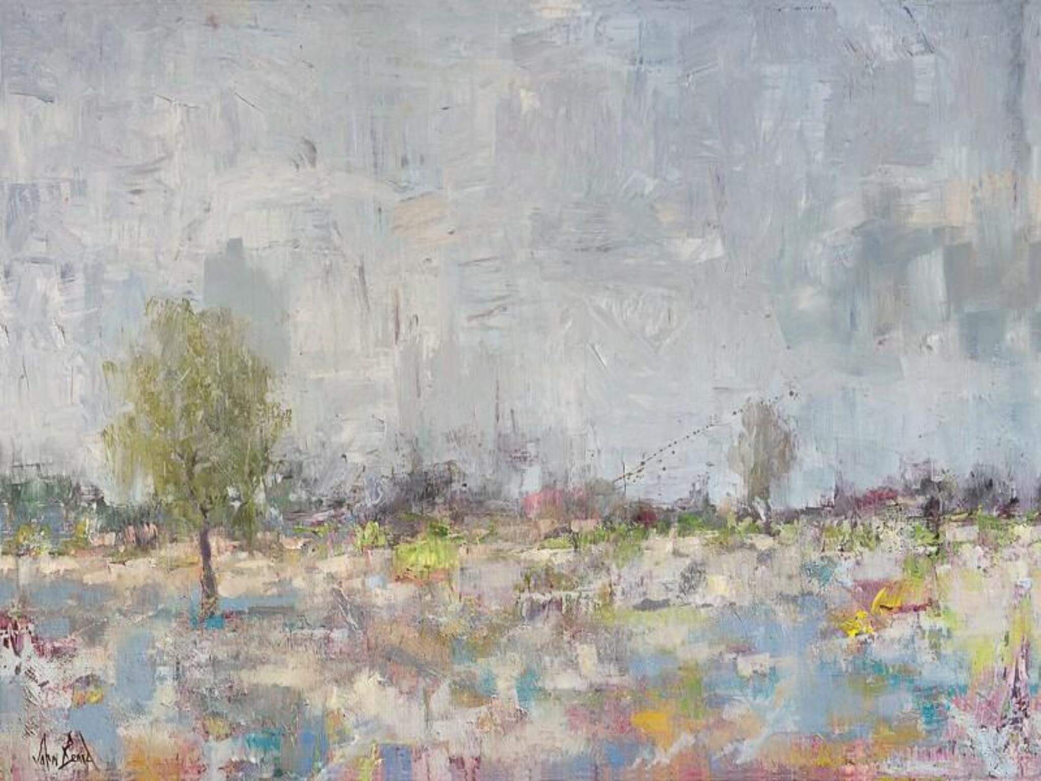 Burst of Spring 36x48 Artist Enhanced Canvas Print by John Beard, showing abstract coastal landscape in soft twilight tones