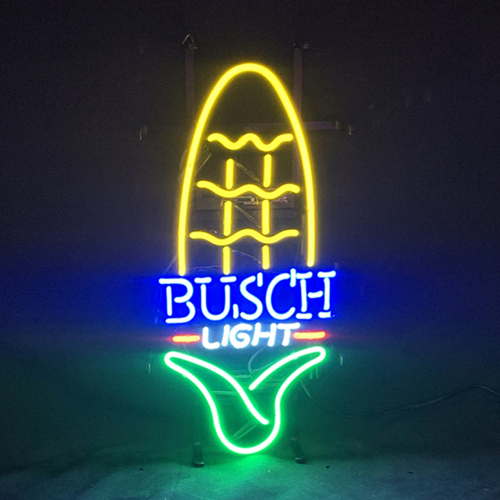 Busch Light Corn Neon Sign glowing with a warm orange hue on a metal grid backing