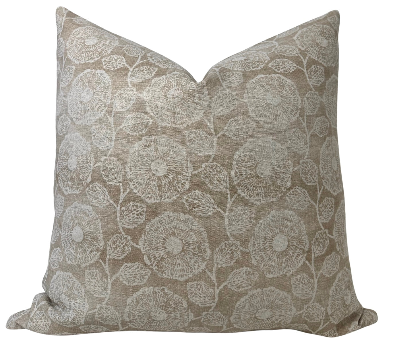 Freedia Pillow Cover in Dune showing the printed front and ivory linen back.