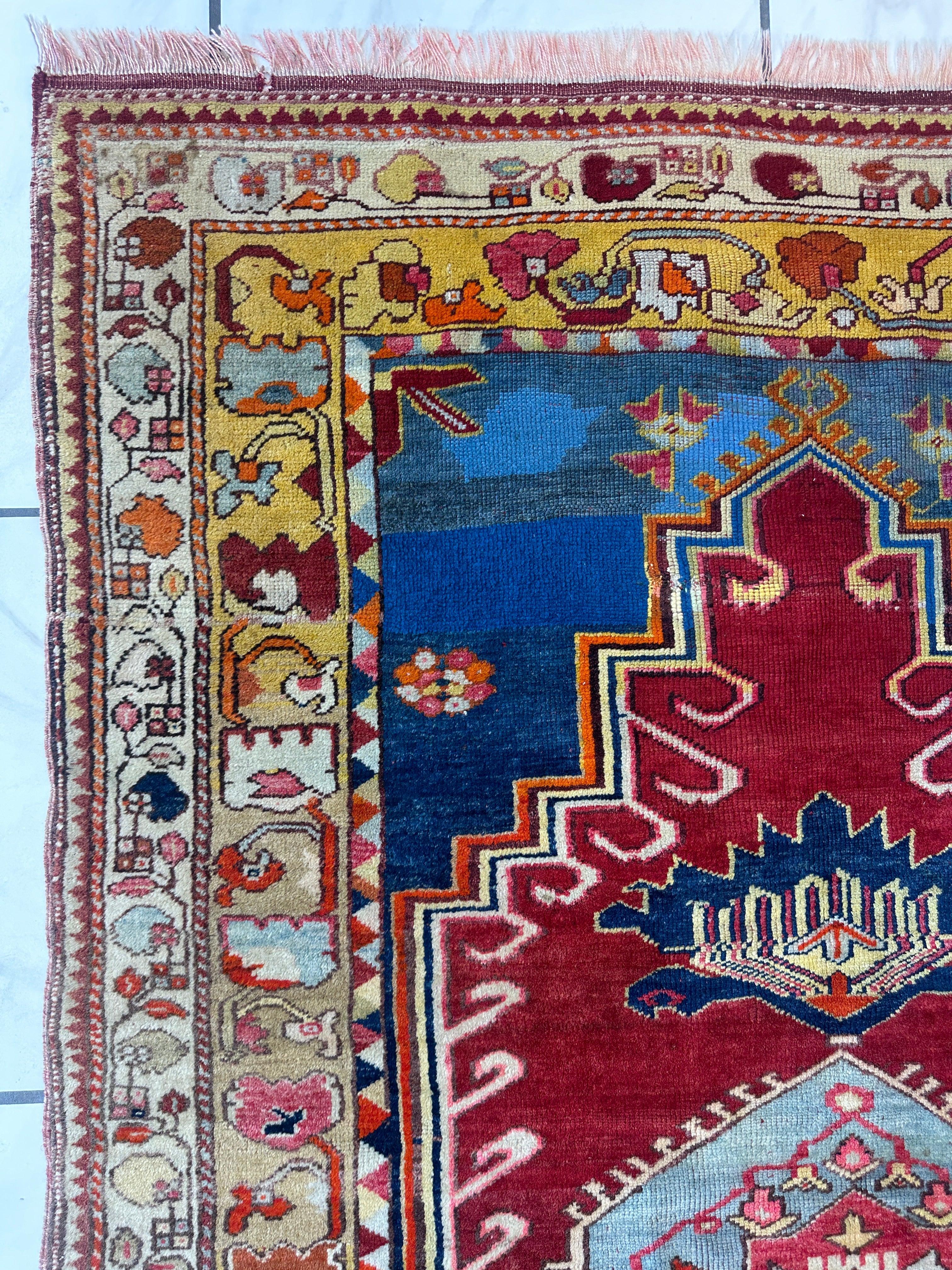 Hand-Knotted Antique Turkish Melas Wool Rug – 4'3" x 5'11" – Vibrant by Rugistan - product image 11 for Resin Society