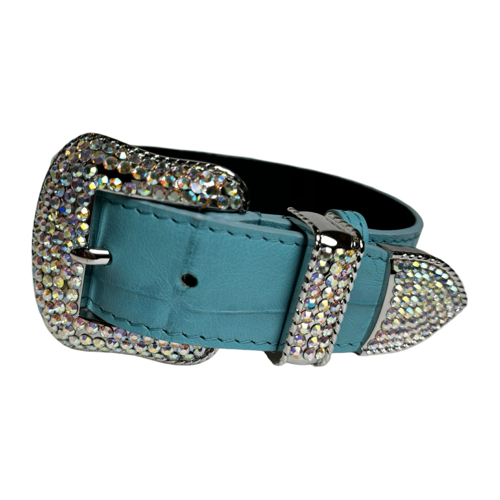 The Tiffany Collection. Gorgeous Turquoise Blue Embossed Croc Italian Leather Collar with Custom Silver Swarovski Crystal Hardware