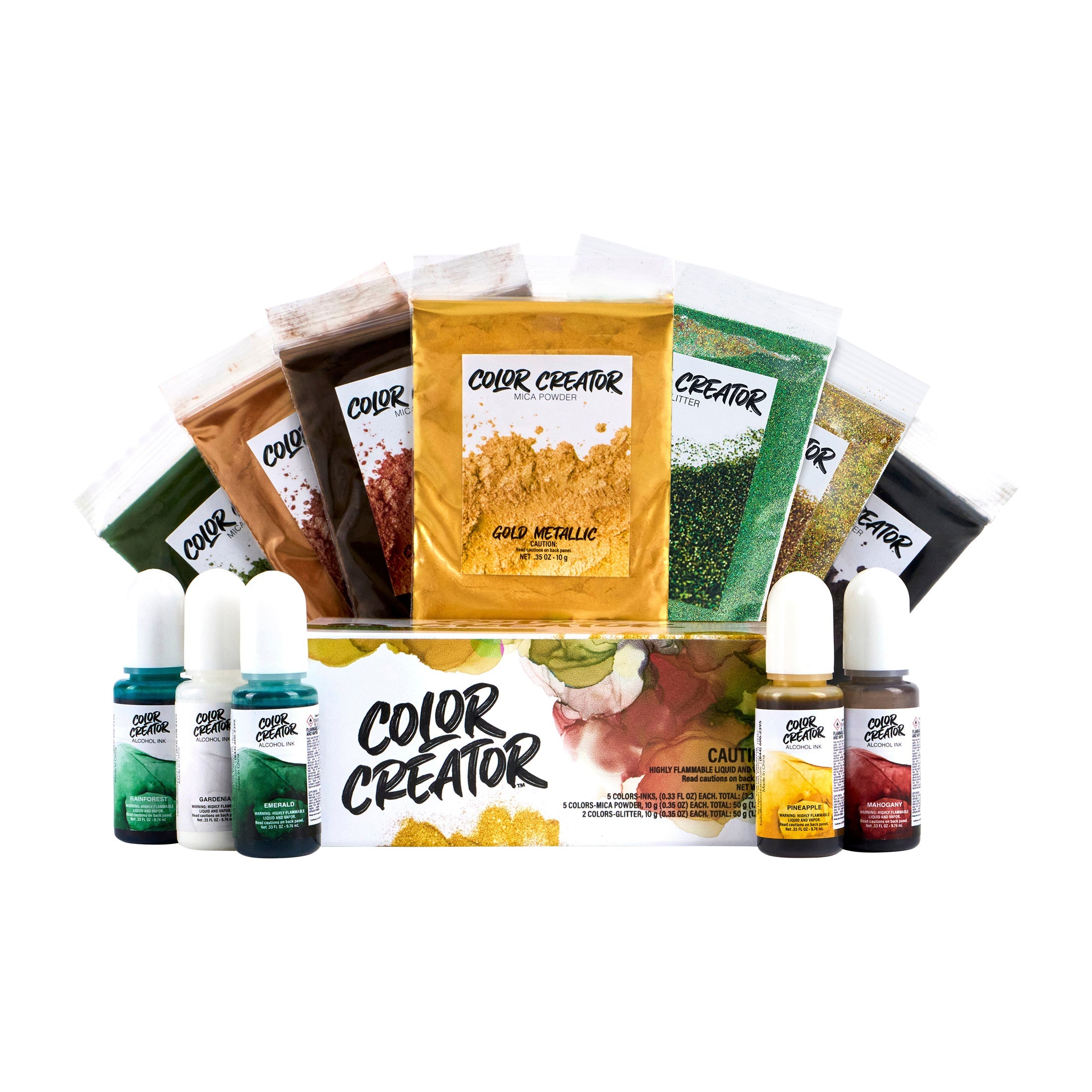 Color Creator Greenland Gift Pack showing 12 bottles and bags of inks, powders, and glitter
