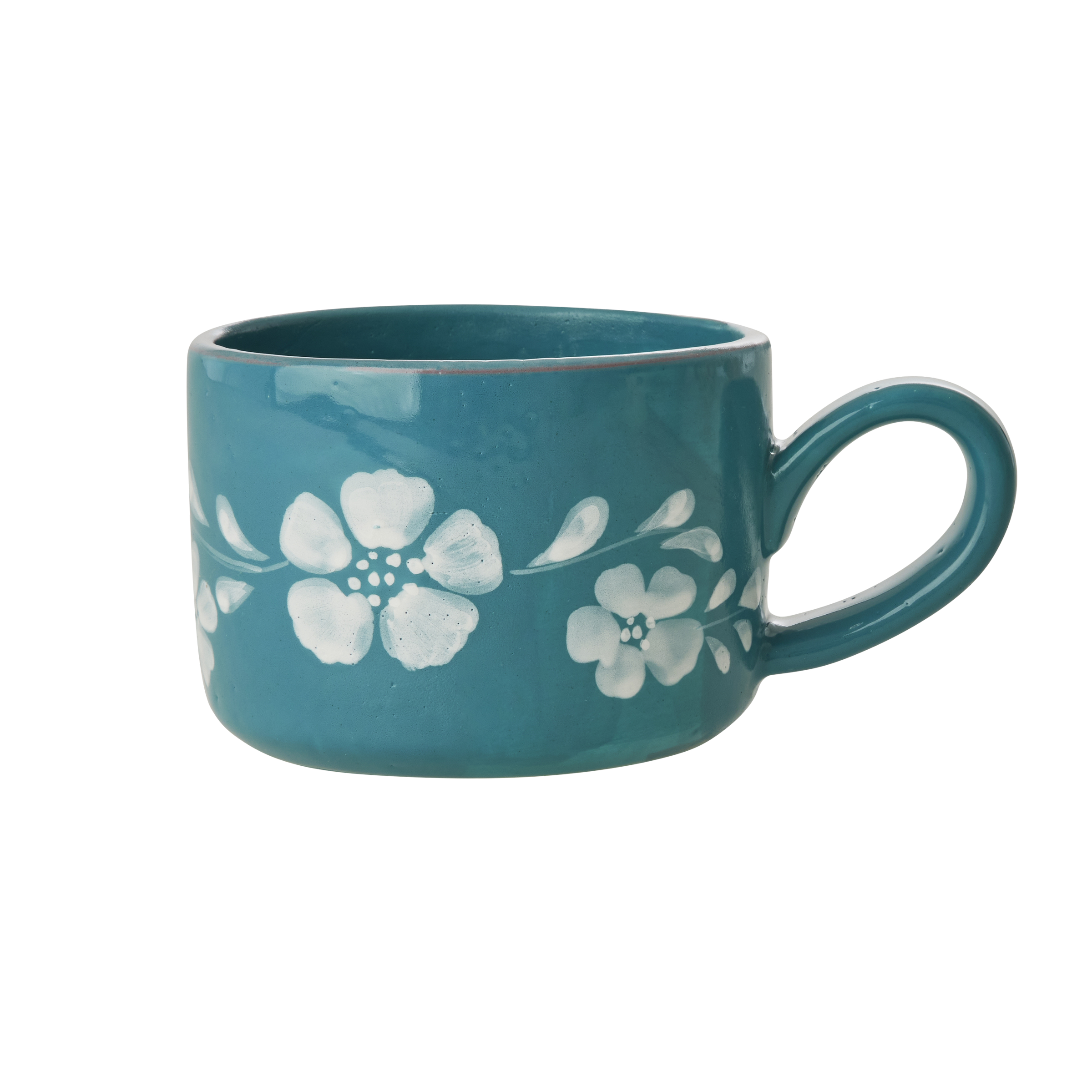 Ceramic Cappuccino Cup with Hand Painted White Flowers Vine - 6.7 oz by Rice By Rice - main product image for Resin Society